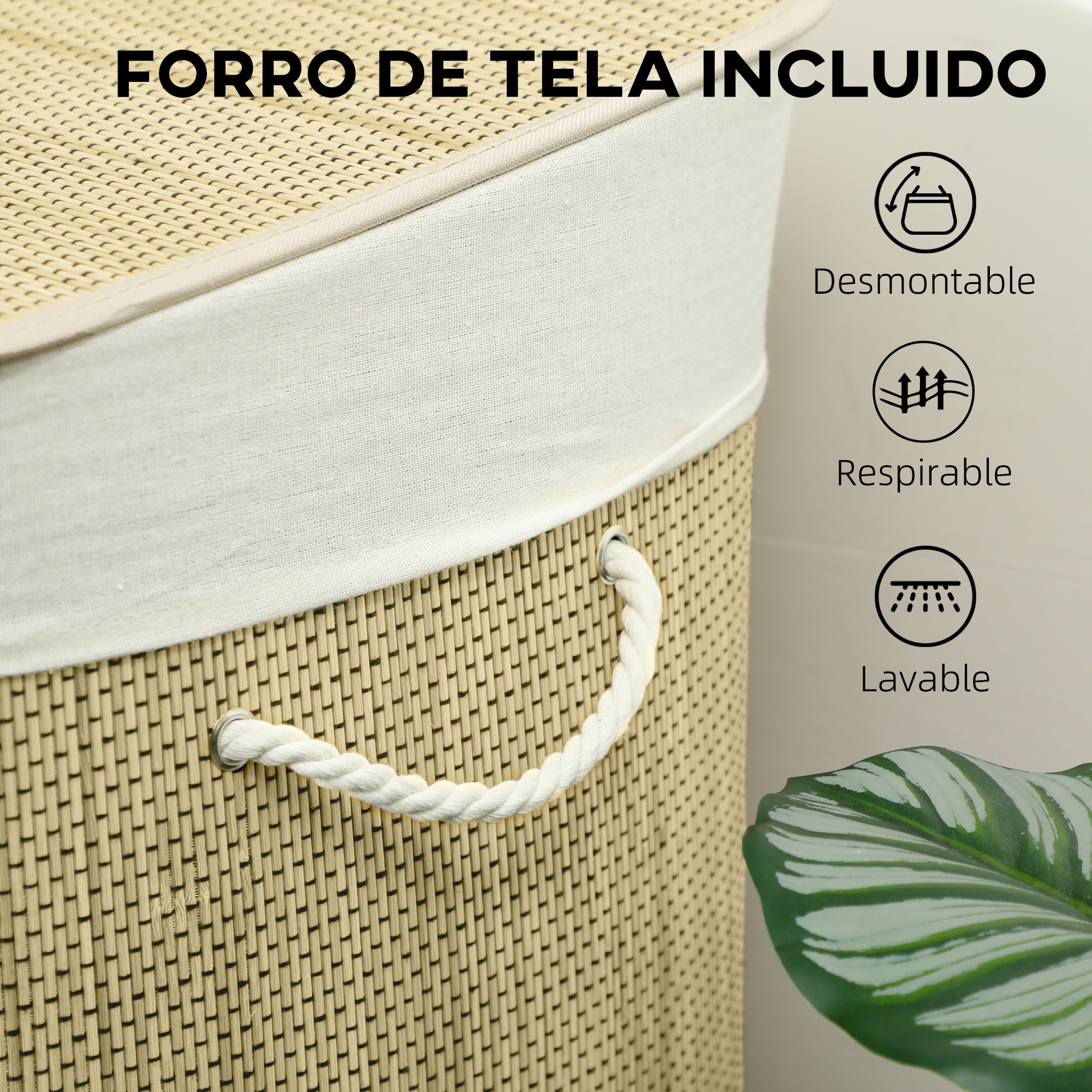 Cesto de Ropa Sucia con Tapa, 144L, Cesta Ropa Sucia de Bambú con 3 Compartimentos, Bolsa Interior Extraíble y Lavable, Asas, para Lavandería, Dormitorio, 60x40x60 cm, Crema