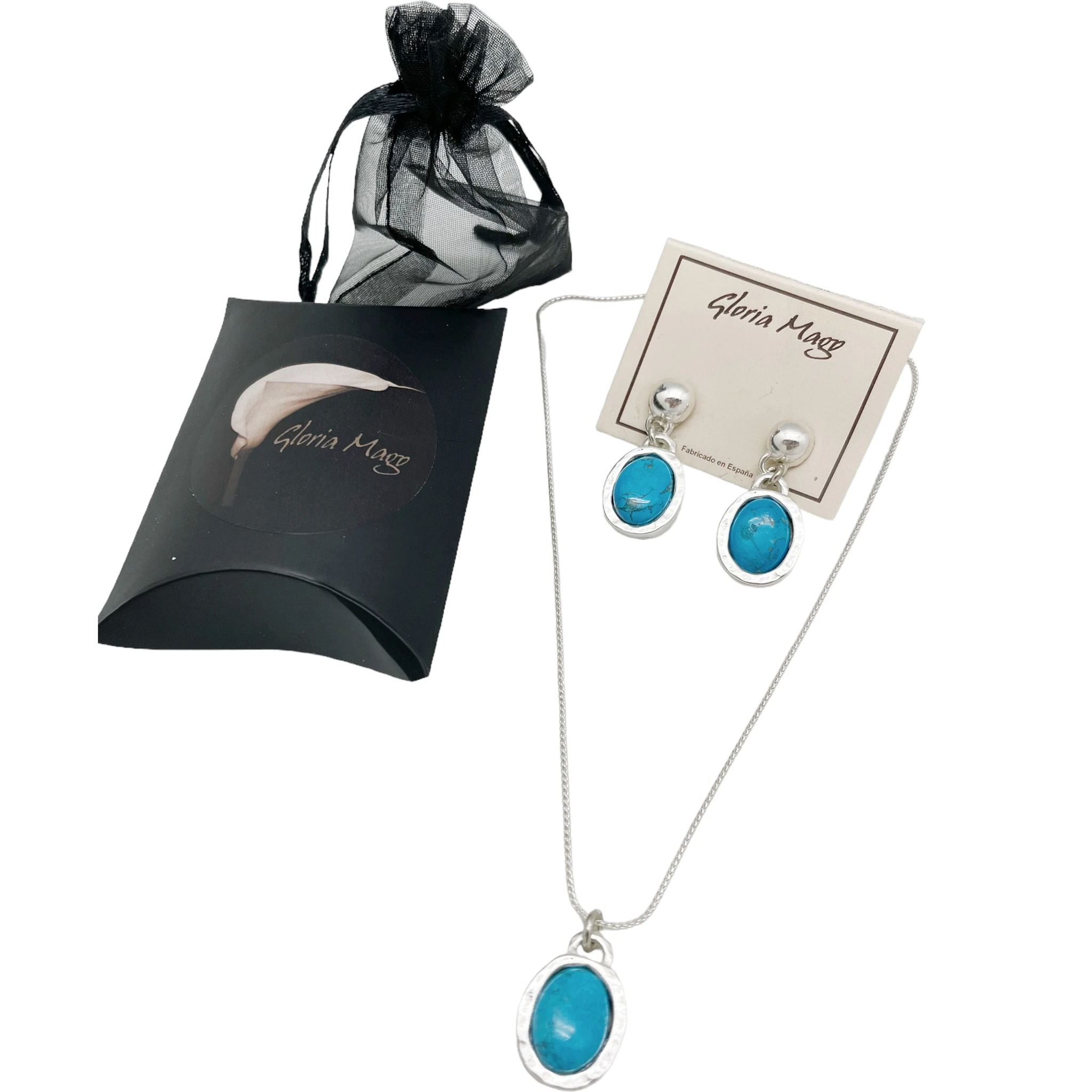 Conjunto collar y pendiente en turquesa natural y plata chapado