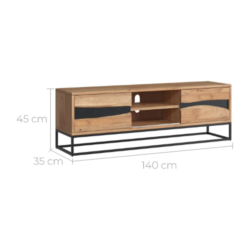 Meuble TV en bois d'acacia massif et métal 140 cm - Alabama