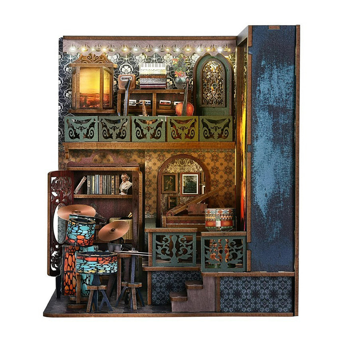 Explosión de notas. Book Nook de madera, diseño 3D realista, marco luminoso con fondo intercambiable.
