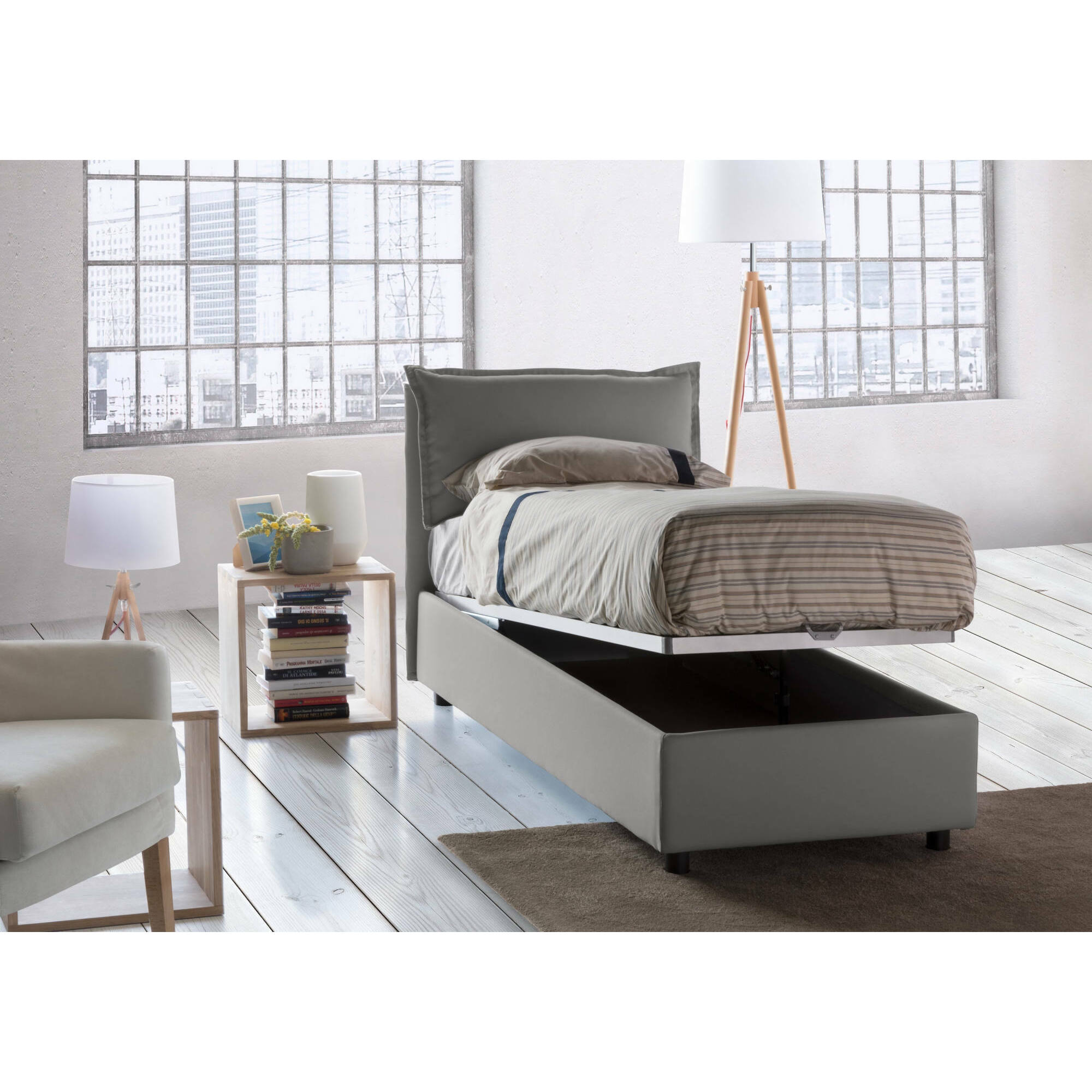 Letto singolo Armaduk, Letto contenitore con rivestimento in tessuto, 100% Made in Italy, Apertura frontale, con materasso Cm 80x190 incluso, Grigio