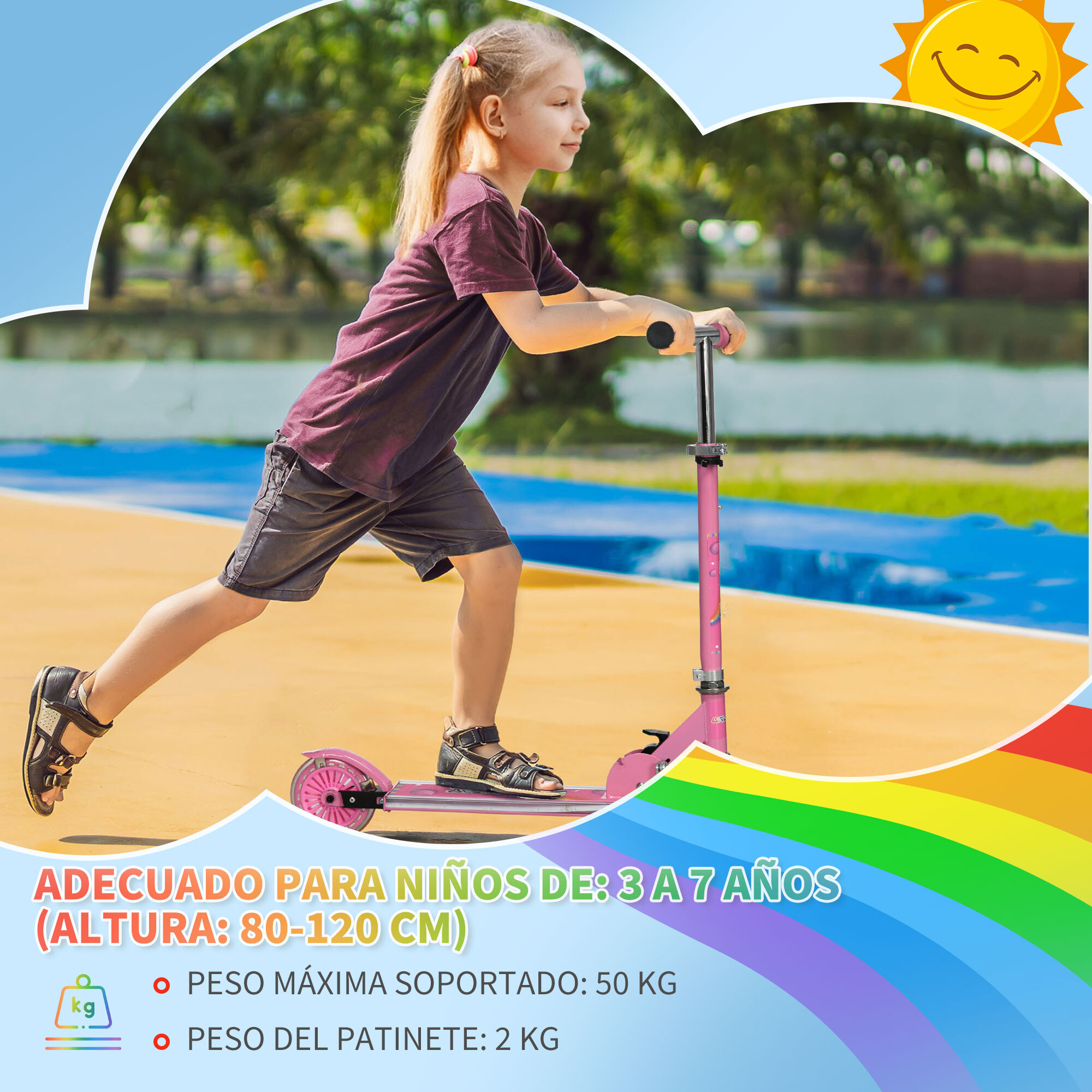 Patinete para Niños Plegable Patinete Infantil con Luces Música 4 Altura Ajustable Ruedas Brillantes Pedal LED para 3-7 Años Carga 50 kg 67x32x65-78 cm Rosa