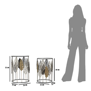 TAVOLINETTI IN FERRO E LEGNO FOGLIE COPPIA CM 38X55-33X50