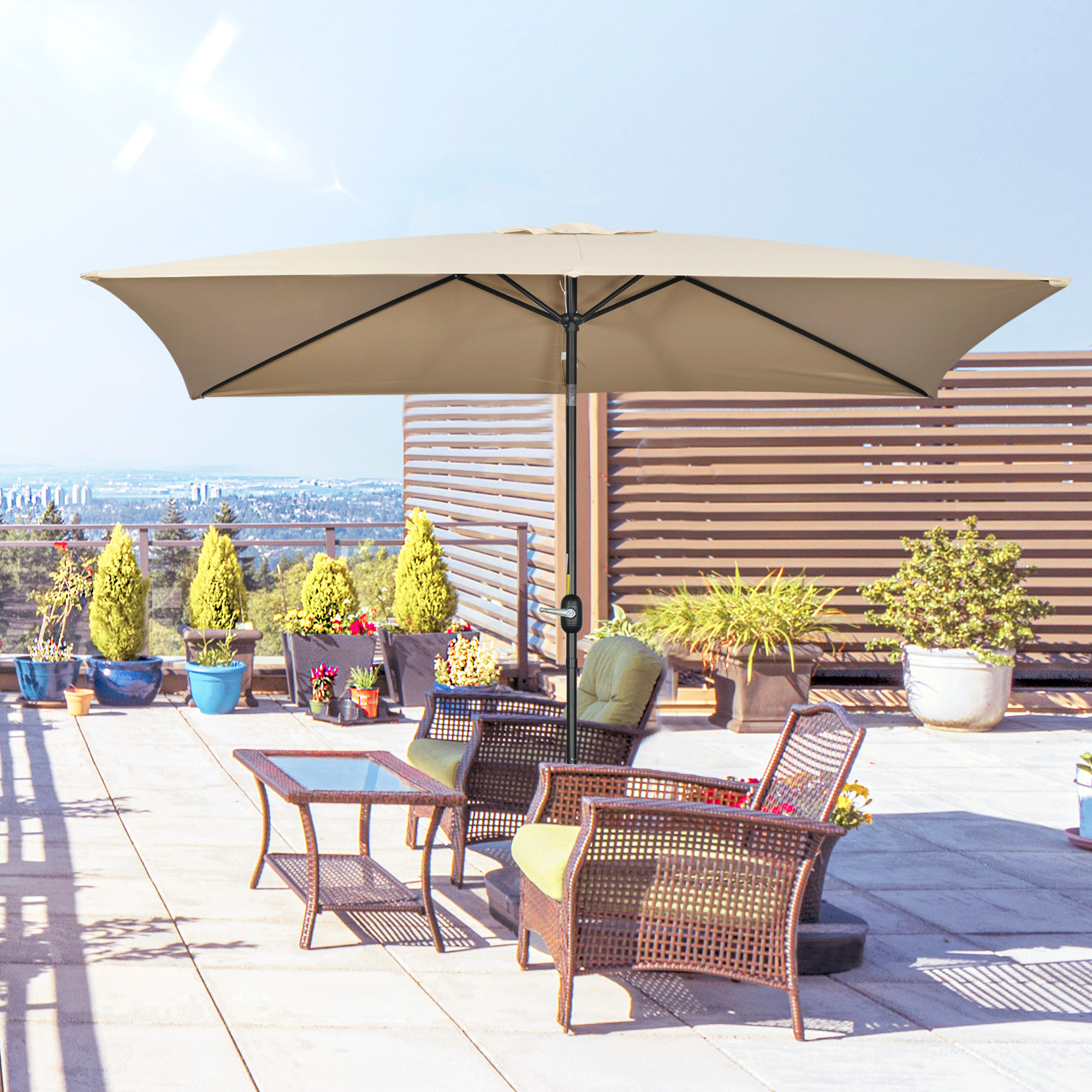 Outsunny Sombrilla de Aluminio 200x300x240 cm Parasol Rectangular de Jardín Inclinable con Manivela y Poste Desmontable para Terraza Piscina Patio Exterior Caqui