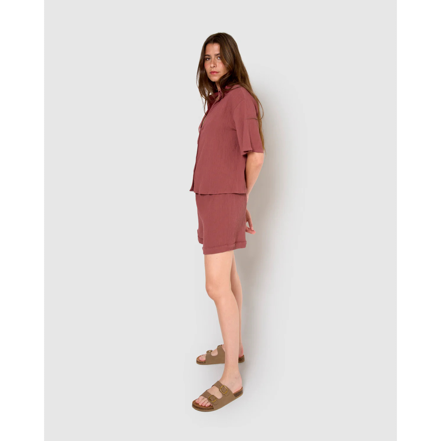 Set de camisa y short de algodón lino malva/rosa