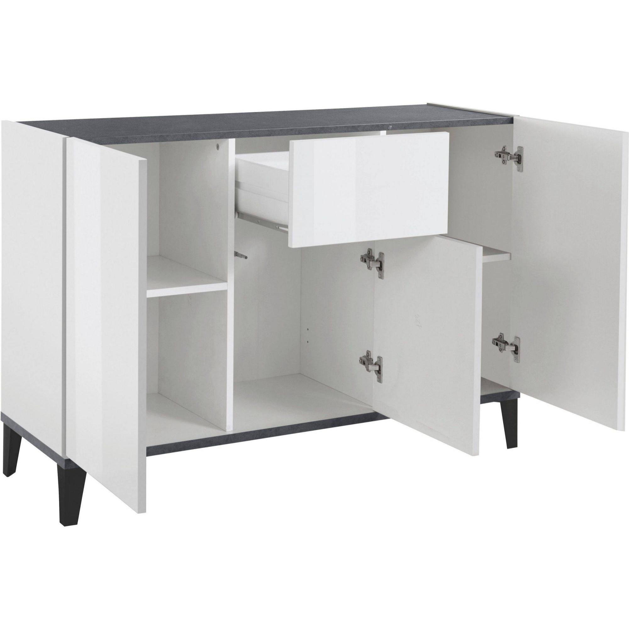 Credenza moderna a 3 ante e 1 cassetto, Made in Italy, Madia da cucina rialzata, Buffet di design da soggiorno, Cm 120x40h82, Bianco lucido e Ardesia