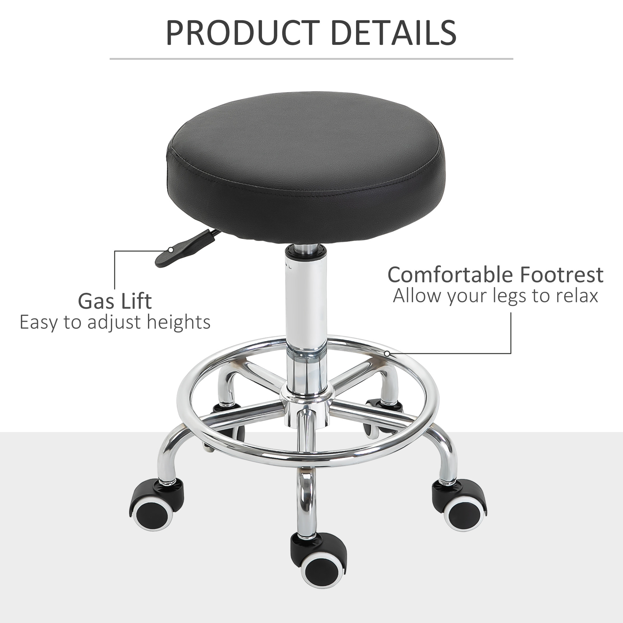 Vinsetto Tabouret à roulettes, tabouret de massage avec hauteur réglable 50-64 cm et assise rembourré, chaise de travail à roulettes pivotant 360°, pour salon de massage, tatouage, clinique, spa, noir