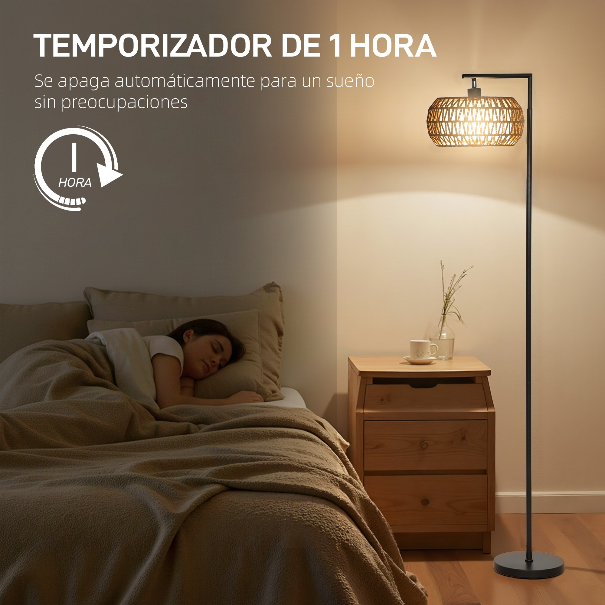 Lámpara de Pie con Doble Capa de Pantalla, Lámpara de Pie Bohemia con 3 Temperaturas de Color, Brillo Ajustable, Control Remoto, Interruptor de Pie, Temporizador, para Dormitorio, Oficina