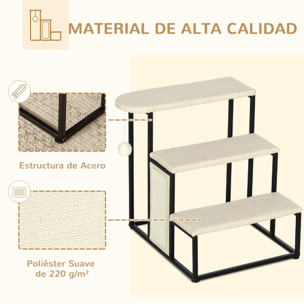 Escalera para Perros de 3 Niveles Escalera para Mascotas con 3 Escalones Bola Colgante Tablero de Rascar y Marco de Acero 47x45x47 cm Crema y Negro