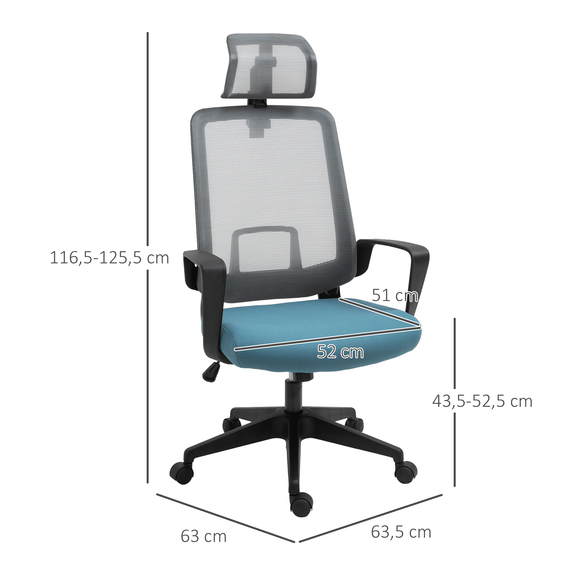 Vinsetto Silla de Oficina Ergonómica Silla Escritorio Giratoria con Altura Ajustable Soporte Lumbar Reposabrazos y Reposacabezas Regulable Malla Transpirable 63,5x63x116,5-125,5 cm Azul y Gris