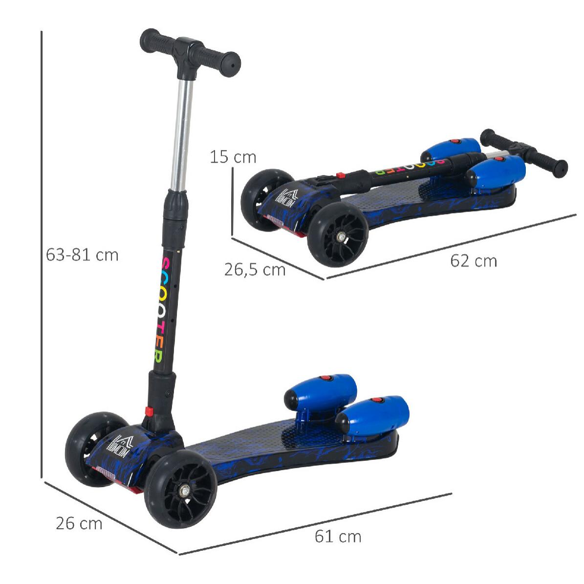 Trottinette pliable 3 roues pour enfant roues lumineuses pulvérisation arrière d'eau fonction musicale bleu dim. 61L x 26l x 63-81H cm