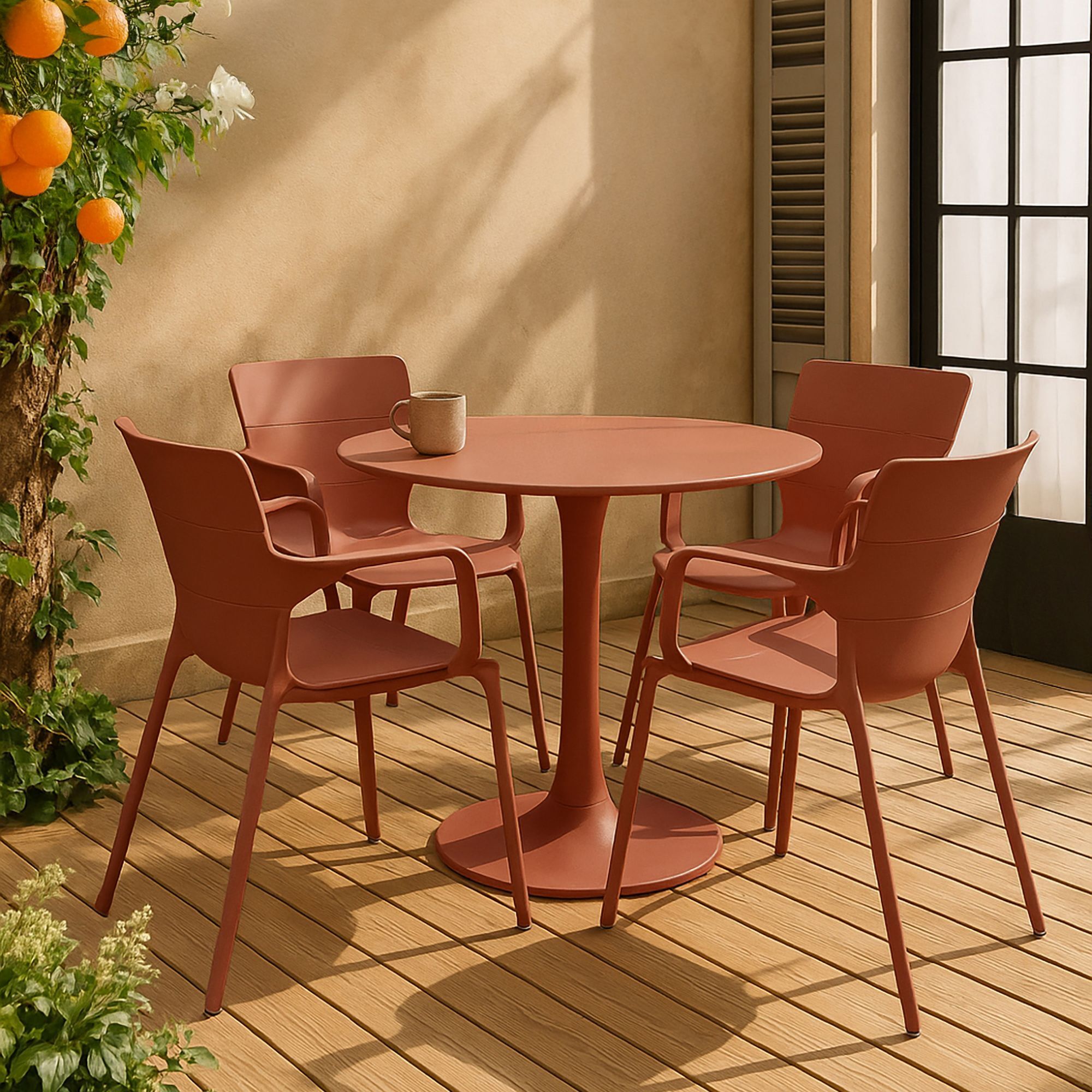 Ensemble de jardin table et 4 fauteuils en polypropylène brique MONTAUK