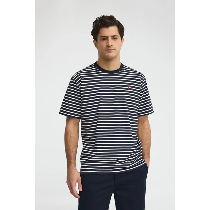 Camiseta de rayas azul marino y color crudo de corte holgado con logo Rigby Go