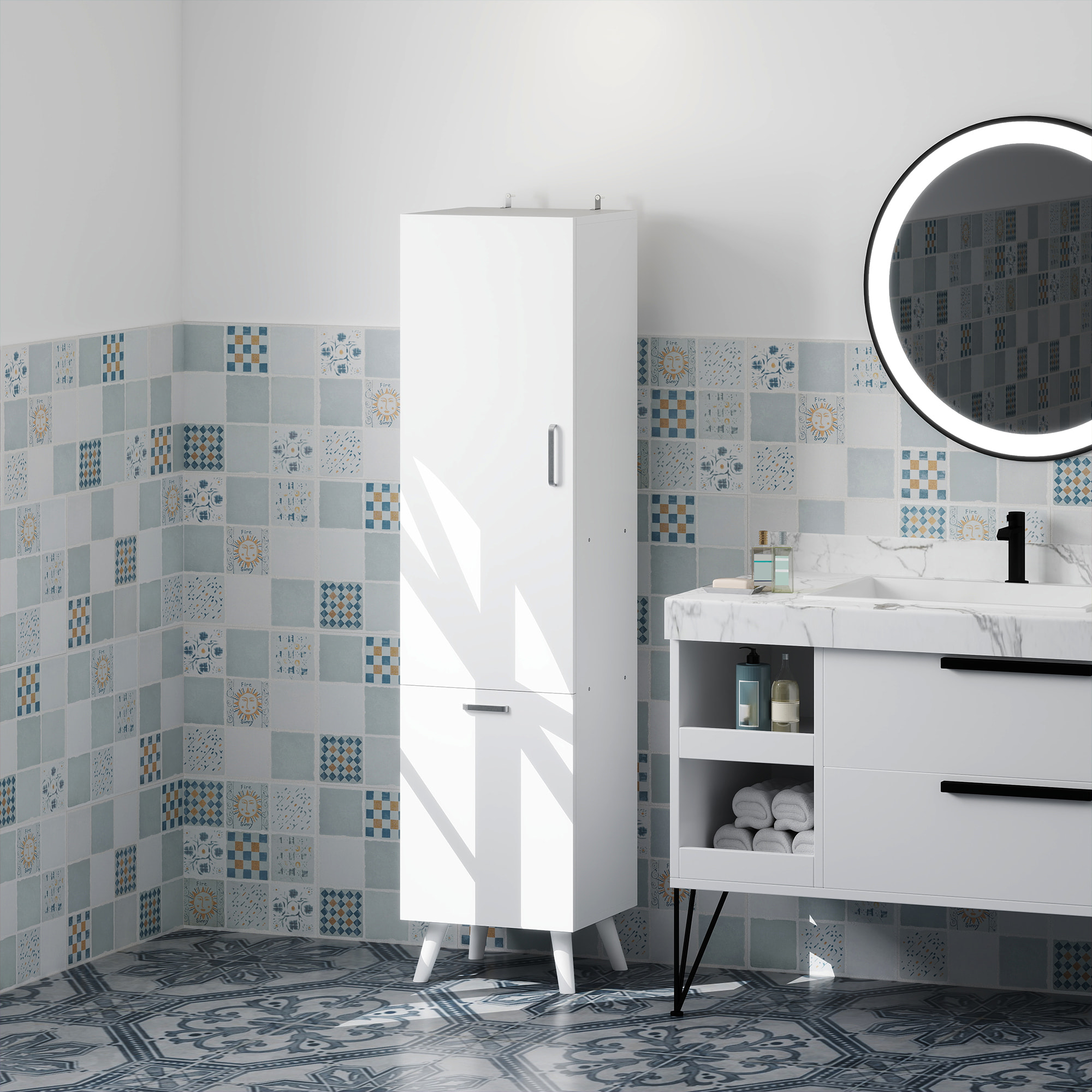 Colonne salle de bain - porte, 2 étagères, panier à linge - dim. 35 x 31,5 x 144 cm - blanc