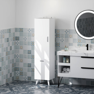 Colonne salle de bain - porte, 2 étagères, panier à linge - dim. 35 x 31,5 x 144 cm - blanc