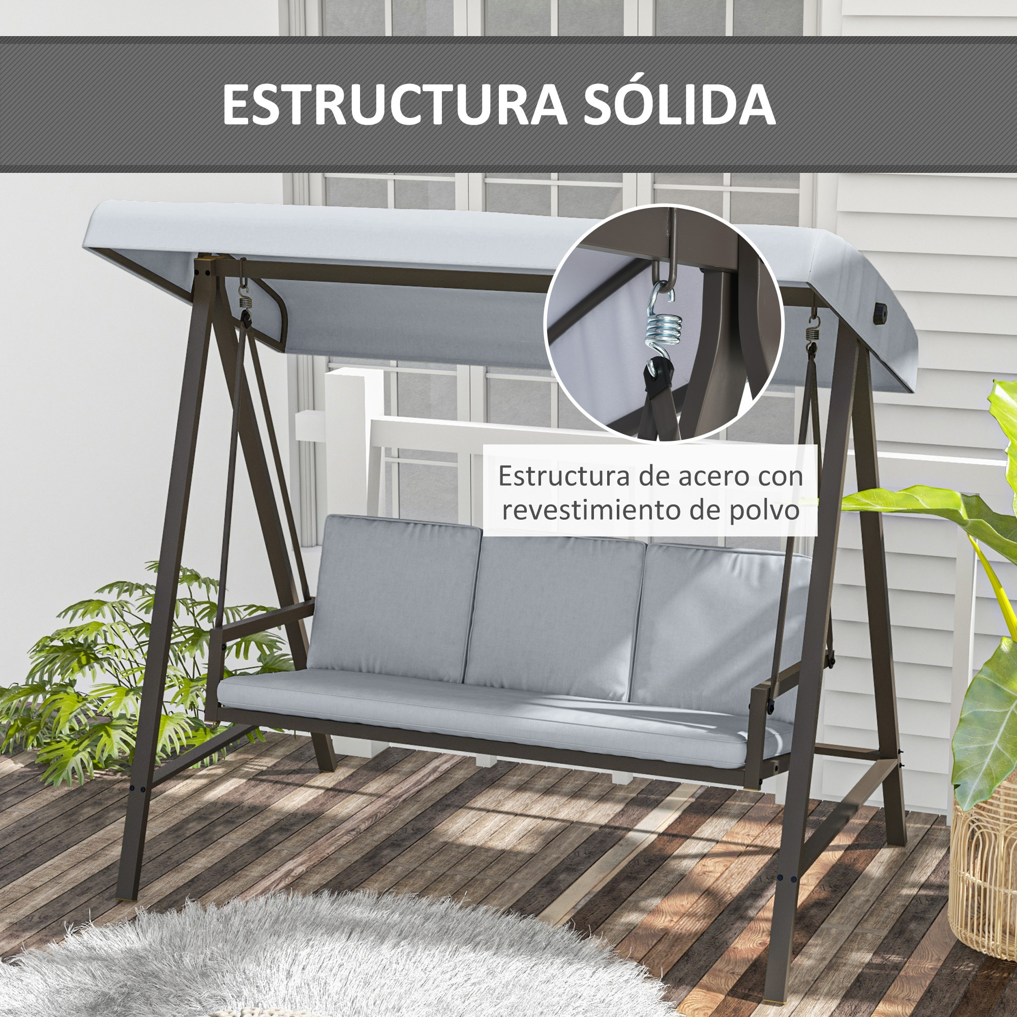 Outsunny Columpio de Jardín de 3 Plazas Balancín Exterior Jardín con Toldo Ajustable Cojines Extraíbles y Estructura de Acero 200x125x175 cm Gris