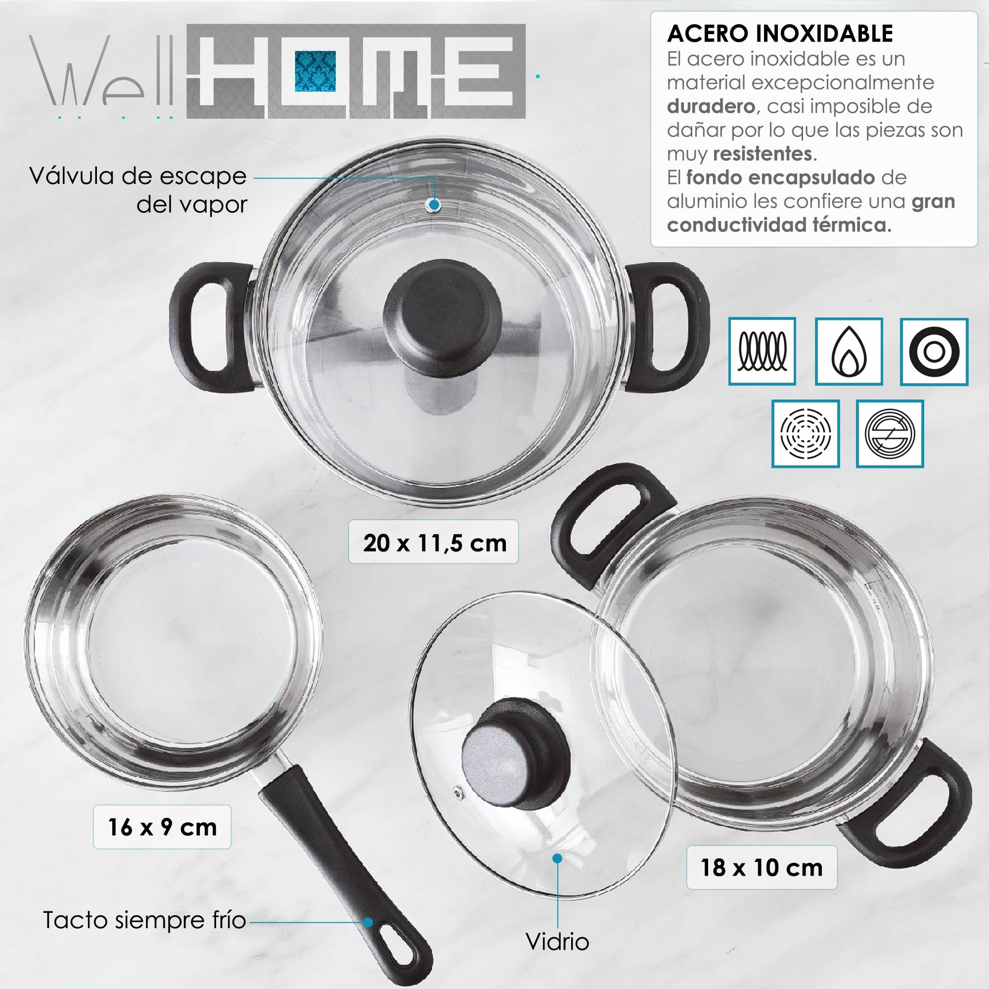 set de batería de cocina de 5pc en acero inoxidable + 3 sartenes ø16ø20ø24cm cobre metalizado en aluminio prensado