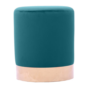 Pouf tondo in velluto celeste con placca dorata