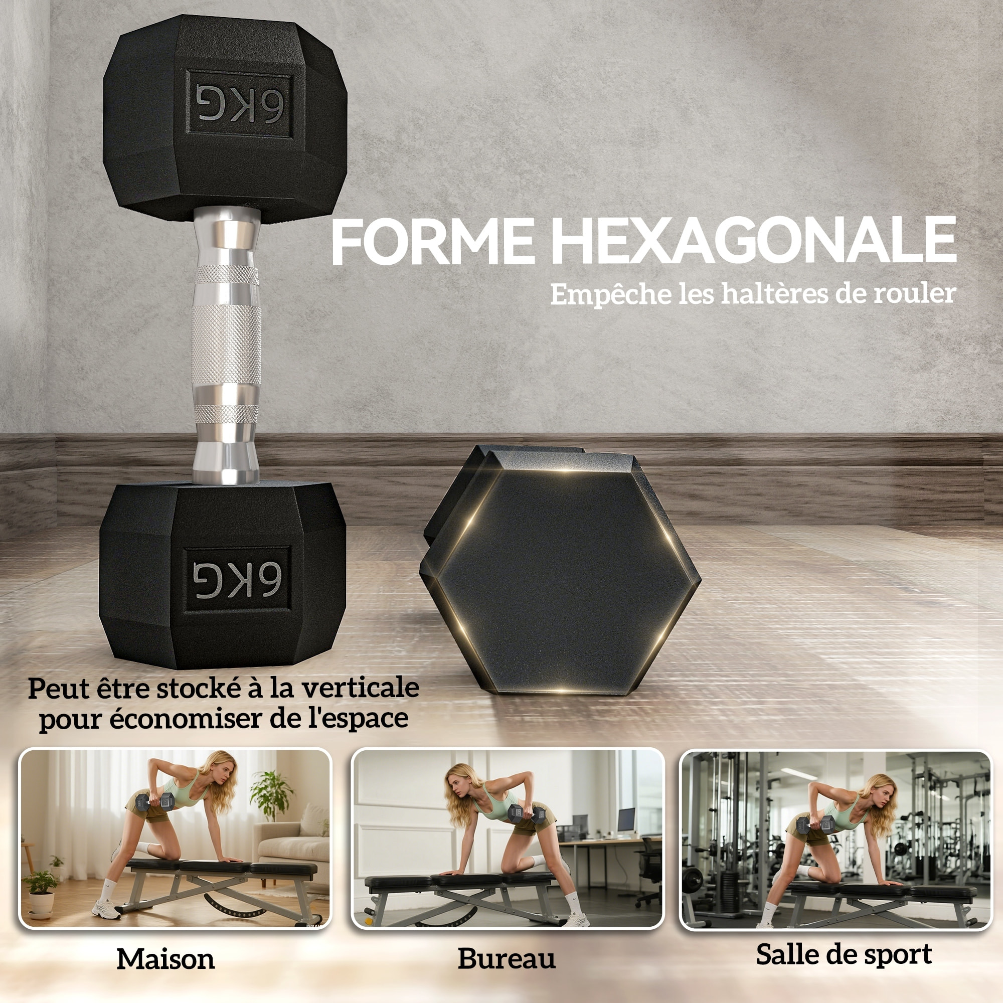 Lot de 2 haltères courtes hexagonales - ensemble d'haltères courtes - total 12 Kg - métal caoutchouc noir