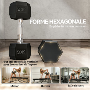 Lot de 2 haltères courtes hexagonales - ensemble d'haltères courtes - total 12 Kg - métal caoutchouc noir