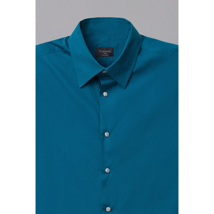 Camicia Uomo 1 Bottone Button Down Slim Popeline Stretch Unito Verde Ottanio