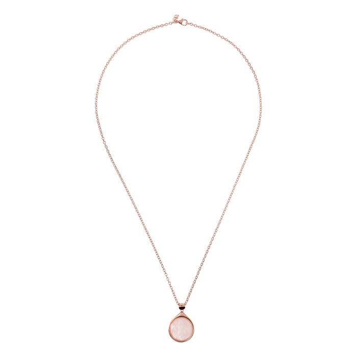 Collana Lunga Catena Rolo con Pendente in Pietra Naturale Tonda Quarzo Rosa