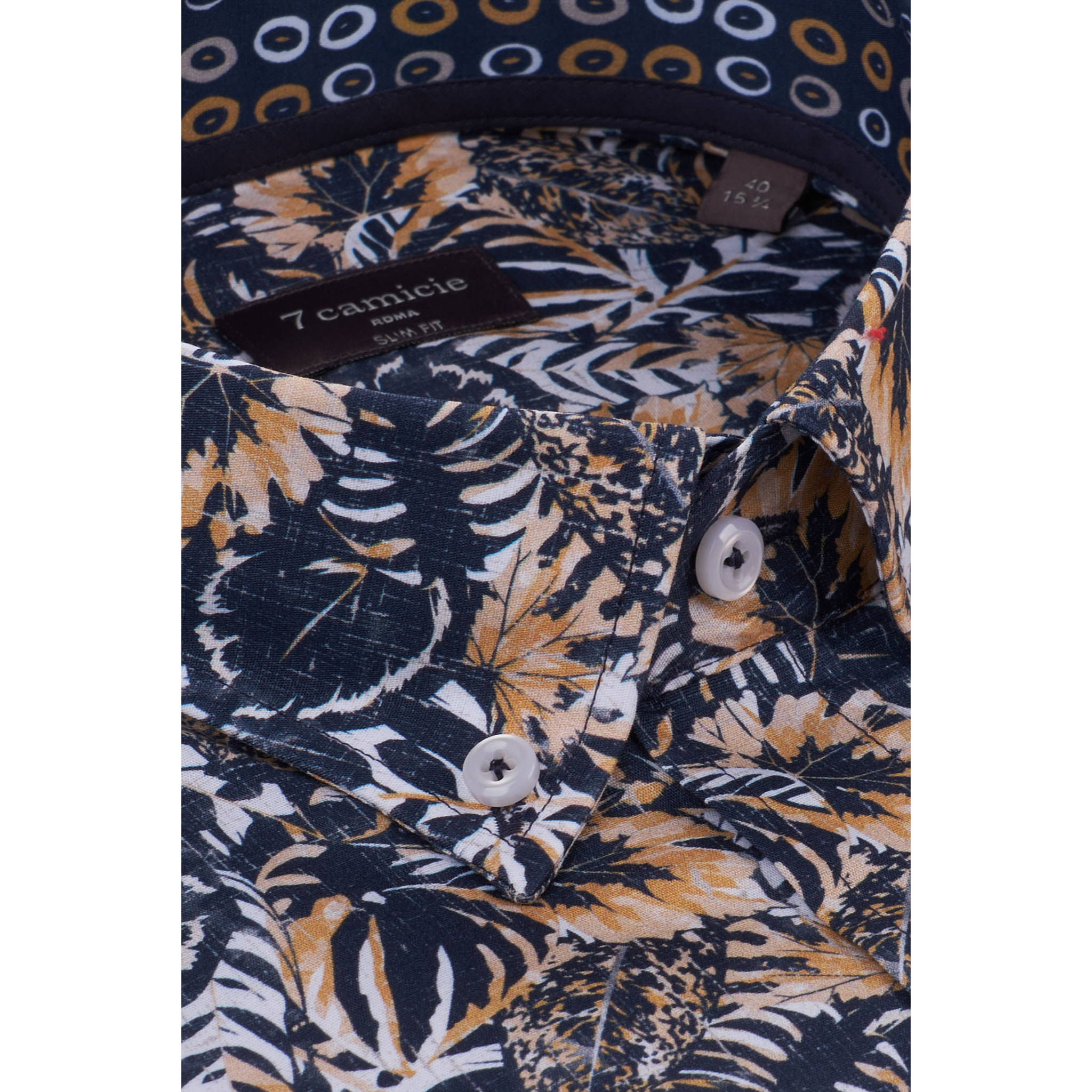camicia uomo 1 bottone button down slim Popeline Stampato Blu e Arancio Chiaro