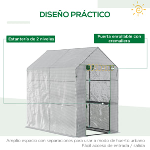 Invernadero de Jardín Vivero Casero con 4 Estantes Puerta Enrollable Cubierta de PE 140g/m² y Marco de Acero para Cultivos Plantas Macetas Flores 120x186x190 cm Blanco