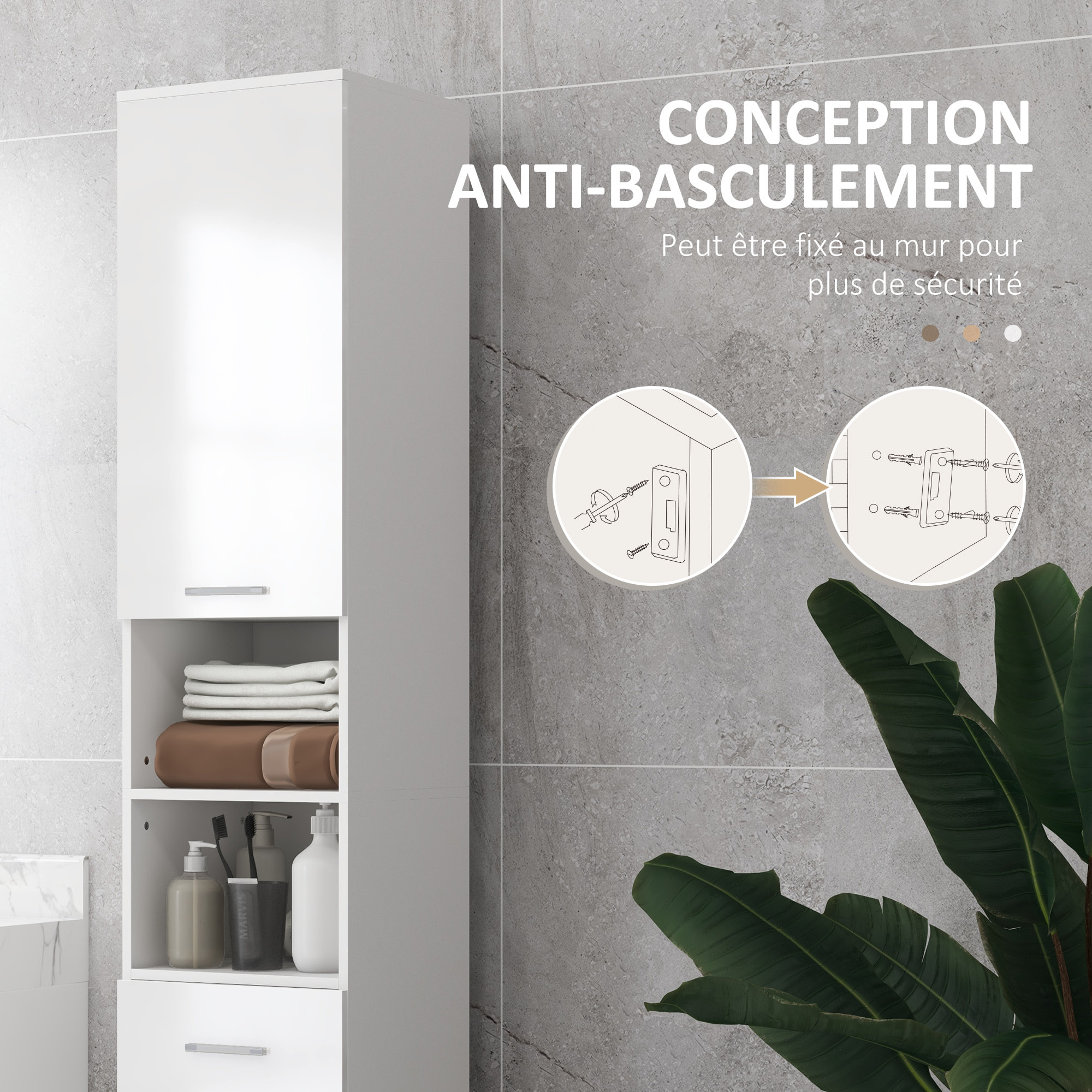 Colonne salle de bain H.180cm façade blanc laqué 2 portes, 2 étagères, 2 niches, tiroir