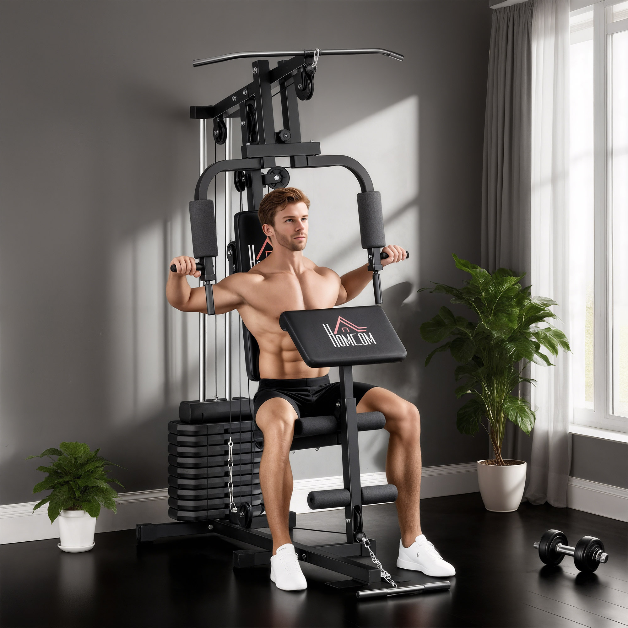 Multiestación Musculación, Máquina de Musculación con Prensa de Pecho, Placas de Peso de 45 kg, Curl de Piernas y Brazos, Polea Mariposa, Carga 100 kg, para Entrenamiento Casa Gimnasio, Negro