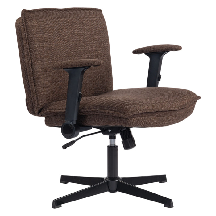 Silla de Oficina Piernas Cruzadas, Silla de Escritorio con Reposabrazos Abatible, Asiento Ancho, sin Ruedas, Altura Ajustable, Giratoria, Función Basculante, Tapizada en Lino, Marrón