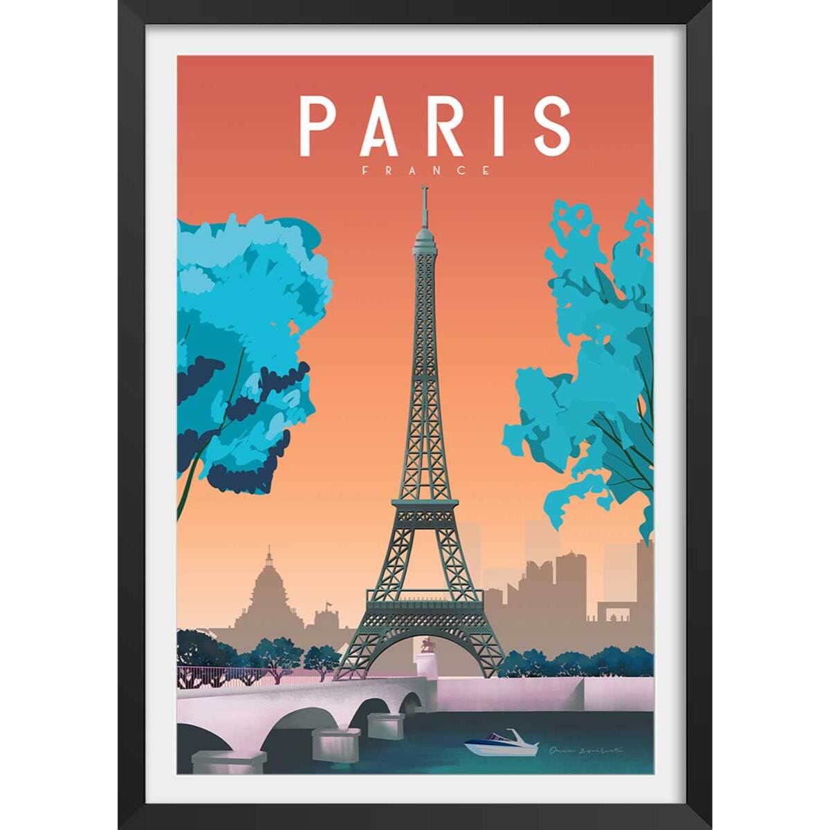 Affiche ville retro Paris France Affiche + cadre en bois - Noir