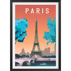 Affiche ville retro Paris France Affiche + cadre en bois - Noir