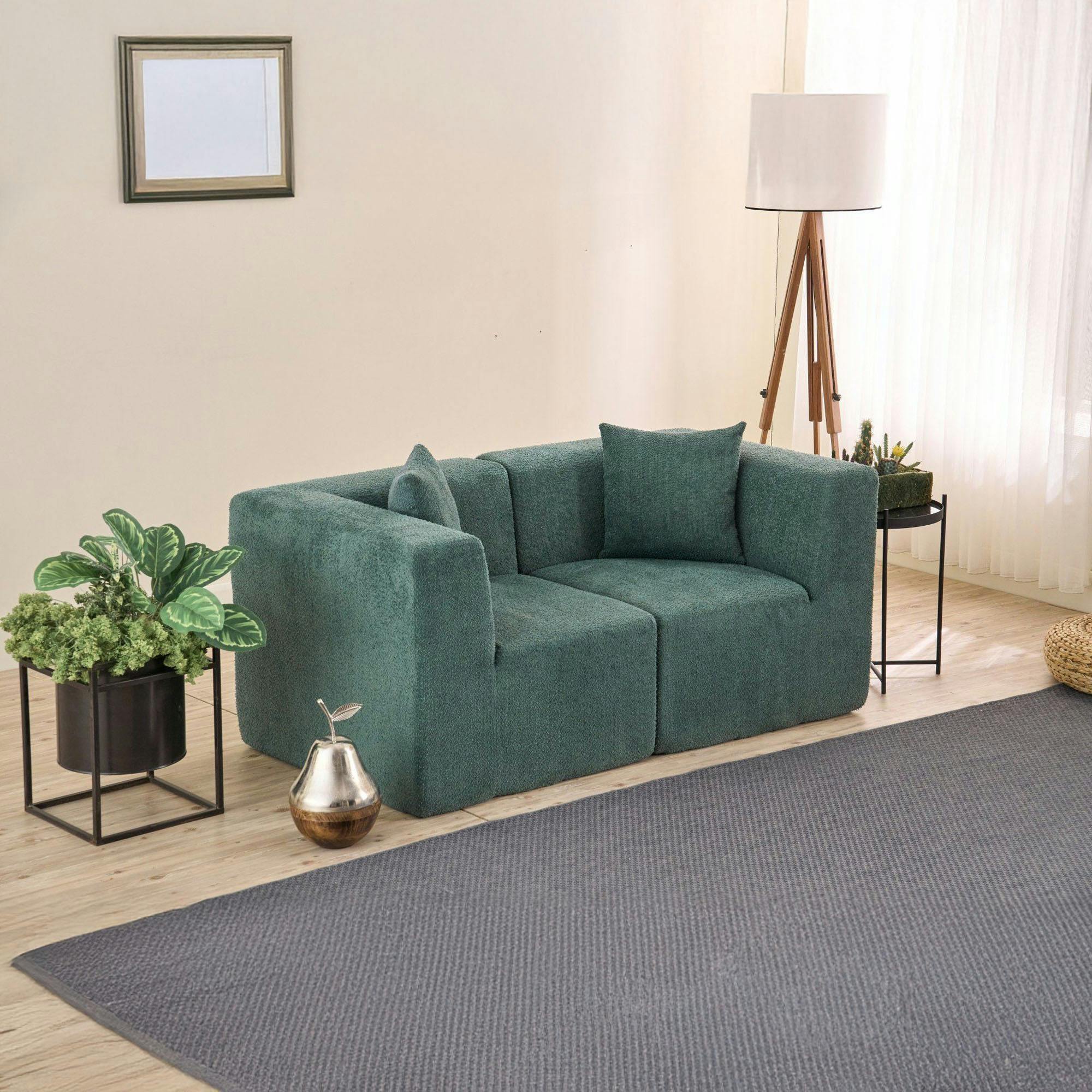 Canapé 2 places compact vert tissu chenille PLOVIA