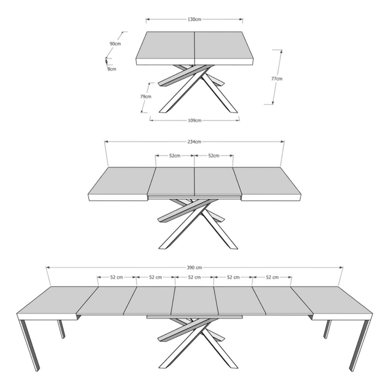 Table extensible 90x140/400 cm Volantis Gris Béton cadre 4/C