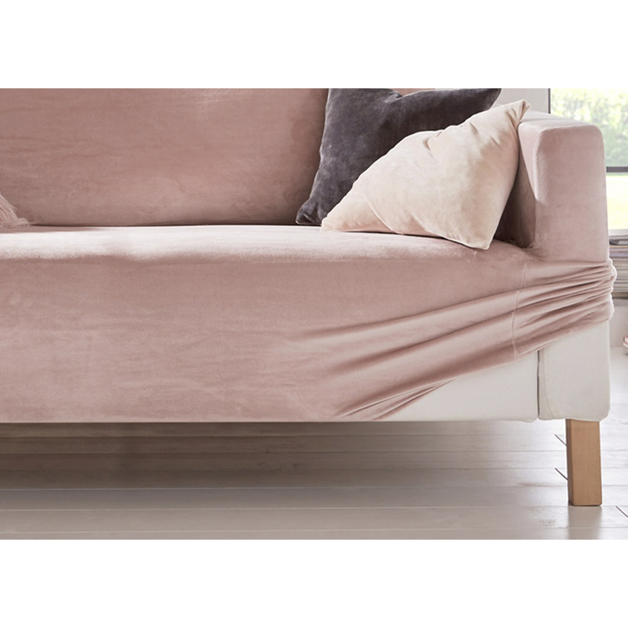 Copridivano 3 Posti Elasticizzato In Tinta Unita Effetto Velluto Modello Morbidissimo Colore Cipria