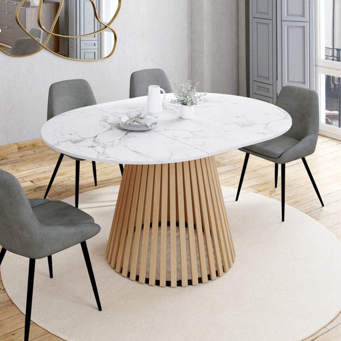 Table à manger ronde extensible Camélia effet marbre blanc et pied lattes Ø110-150cm