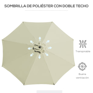 Sombrilla de Jardín Ø295x250 cm con Manivela Parasol Exterior con Mecanismo de Inclinación y Poste Desmontable de Metal para Terraza Piscina Patio Beige