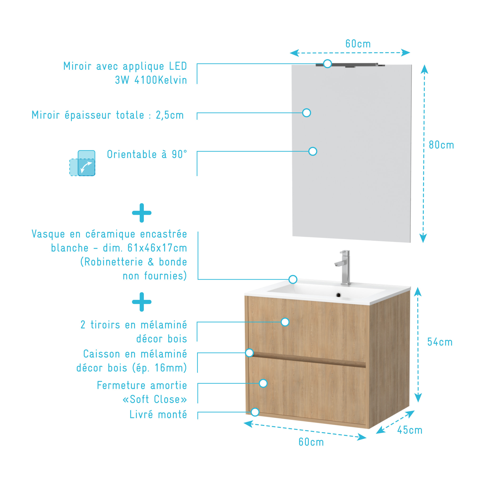 Pack Meuble Salle de Bains 60cm Chêne Clair 2 Tiroirs, Vasque, Miroir 60x80 et réglette Led - XENOS