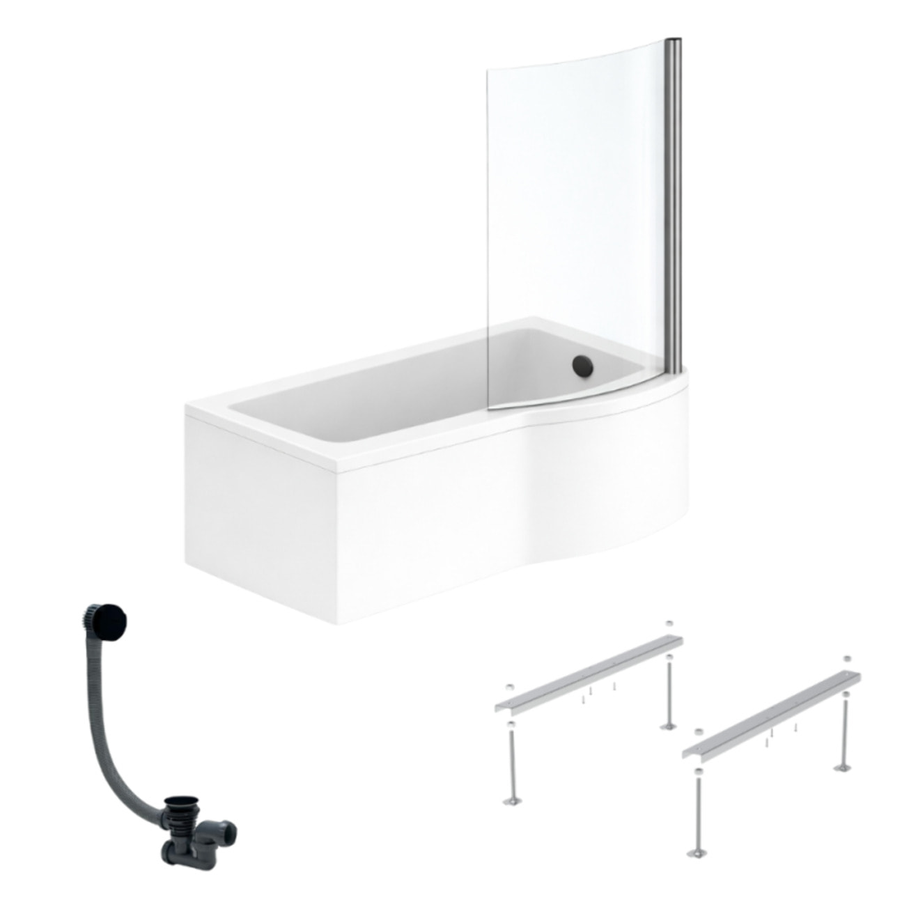 Pack baignoire bain douche 150 x 80 cm droite Connect Air + tablier + pare bain fixe  + pieds + vidage Noir mat
