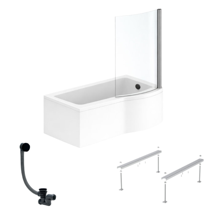 Pack baignoire bain douche 150 x 80 cm droite Connect Air + tablier + pare bain fixe  + pieds + vidage Noir mat