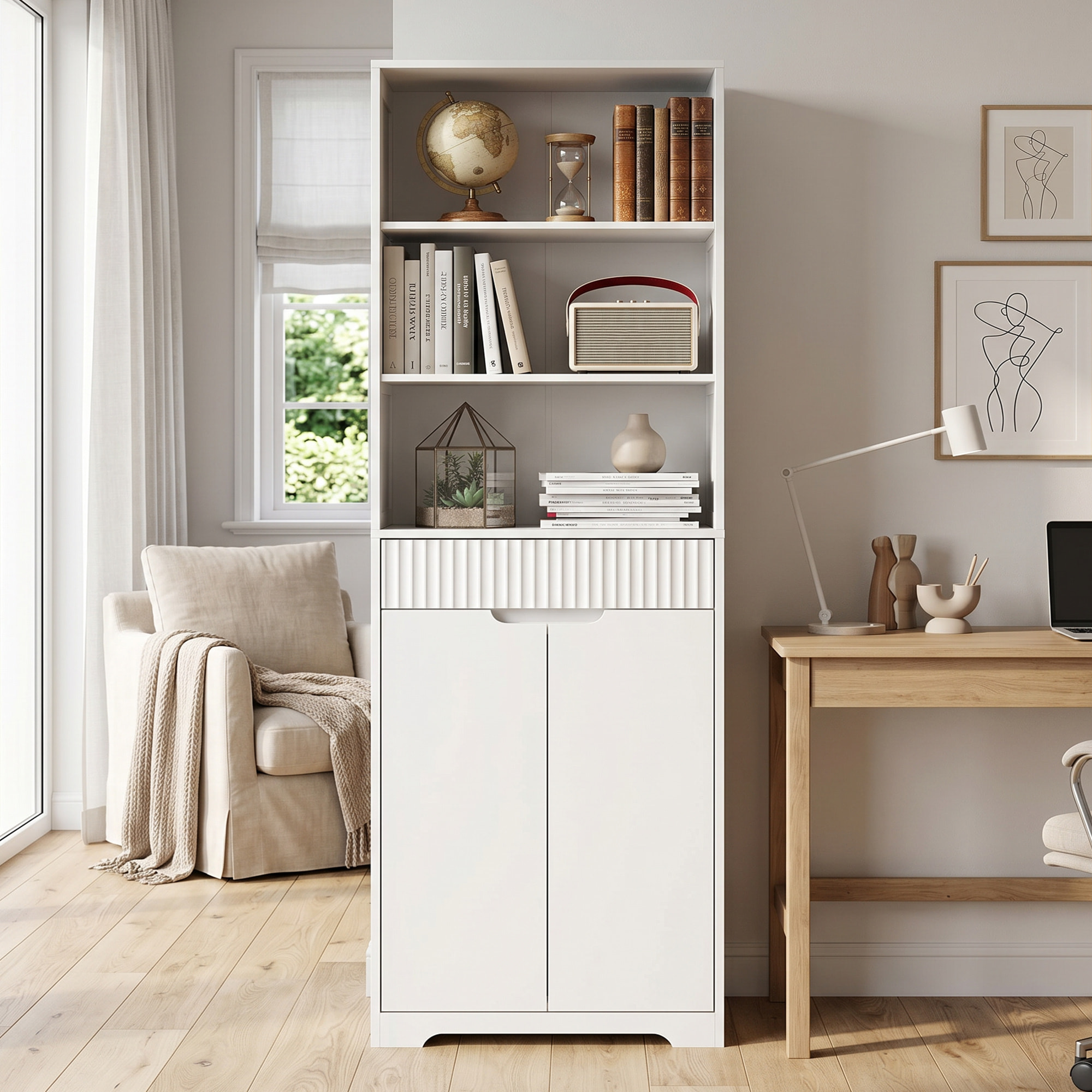Armario Alto de Baño, Mueble de Baño Estrecho con 3 Estantes Abiertos, Cajón Acanalado, Estante Ajustable y Puertas de Cierre Suave, para Espacios Pequeños, 60x30x171 cm, Blanco