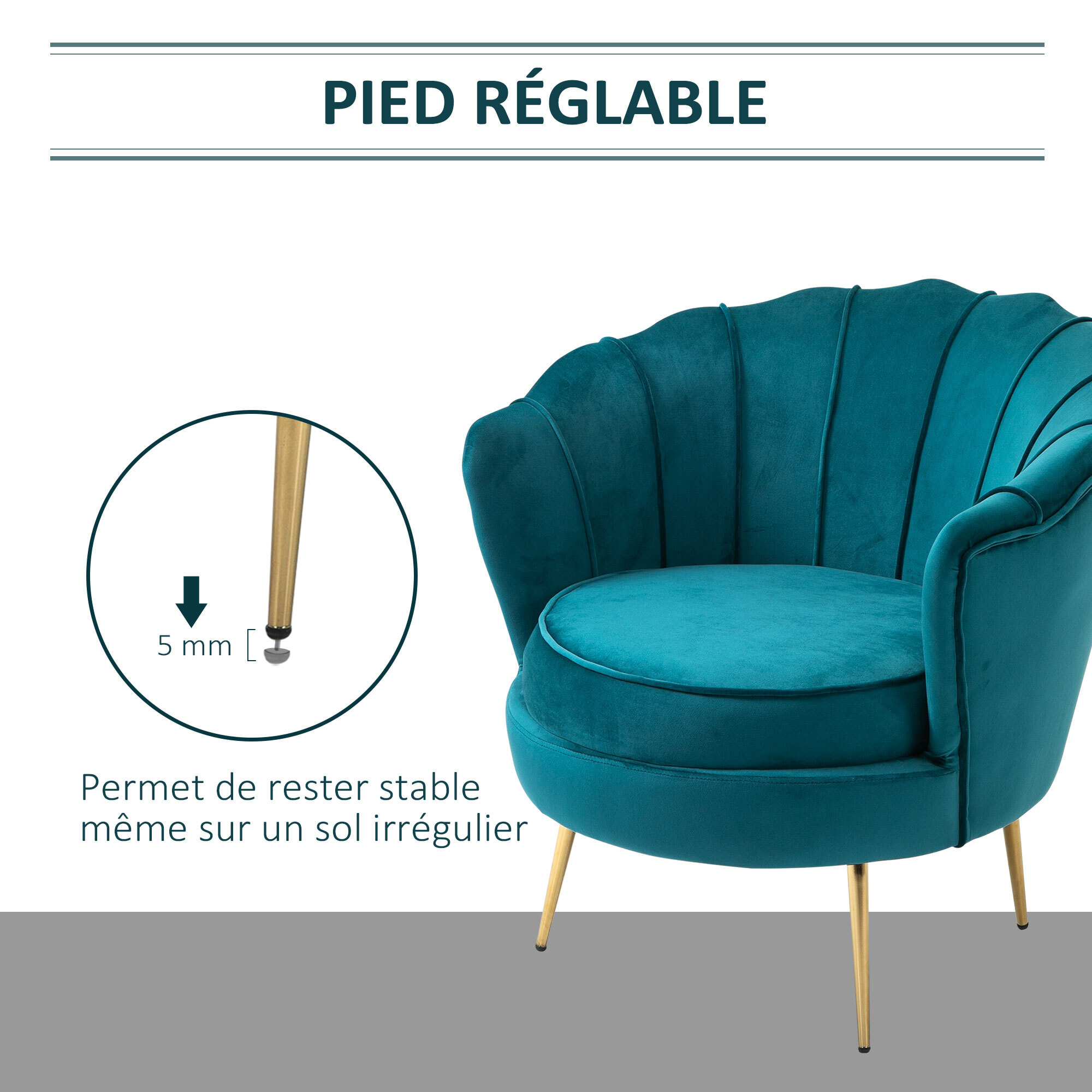 Fauteuil coquillage fauteuil design dim. 79L x 77l x 77H cm pieds dorés effilés velours bleu canard