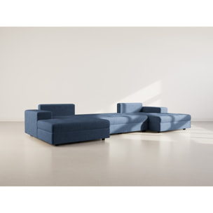 Bastian - canapé panoramique en U 7 places convertible avec coffre en velours texturé - Bleu