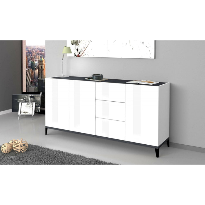 Credenza moderna a 3 ante e 3 cassetti, Made in Italy, Madia da cucina rialzata, Buffet di design da soggiorno, Cm 160x40h82, Bianco lucido e Ardesia