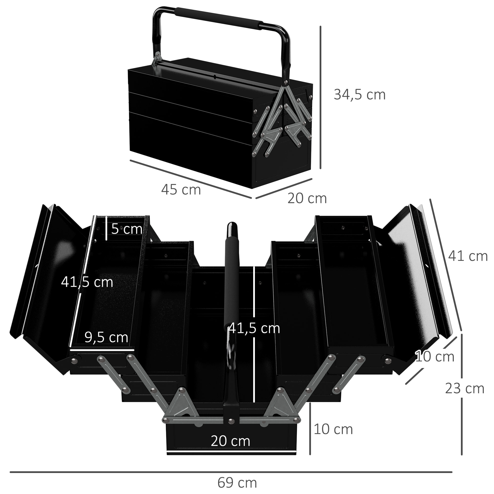 Caja de Herramientas Metálica, Maletín de Herramientas de Acero Plegable con 5 Bandejas y Asa, para Taller, Garaje, 45x20x34,5 cm, Negro