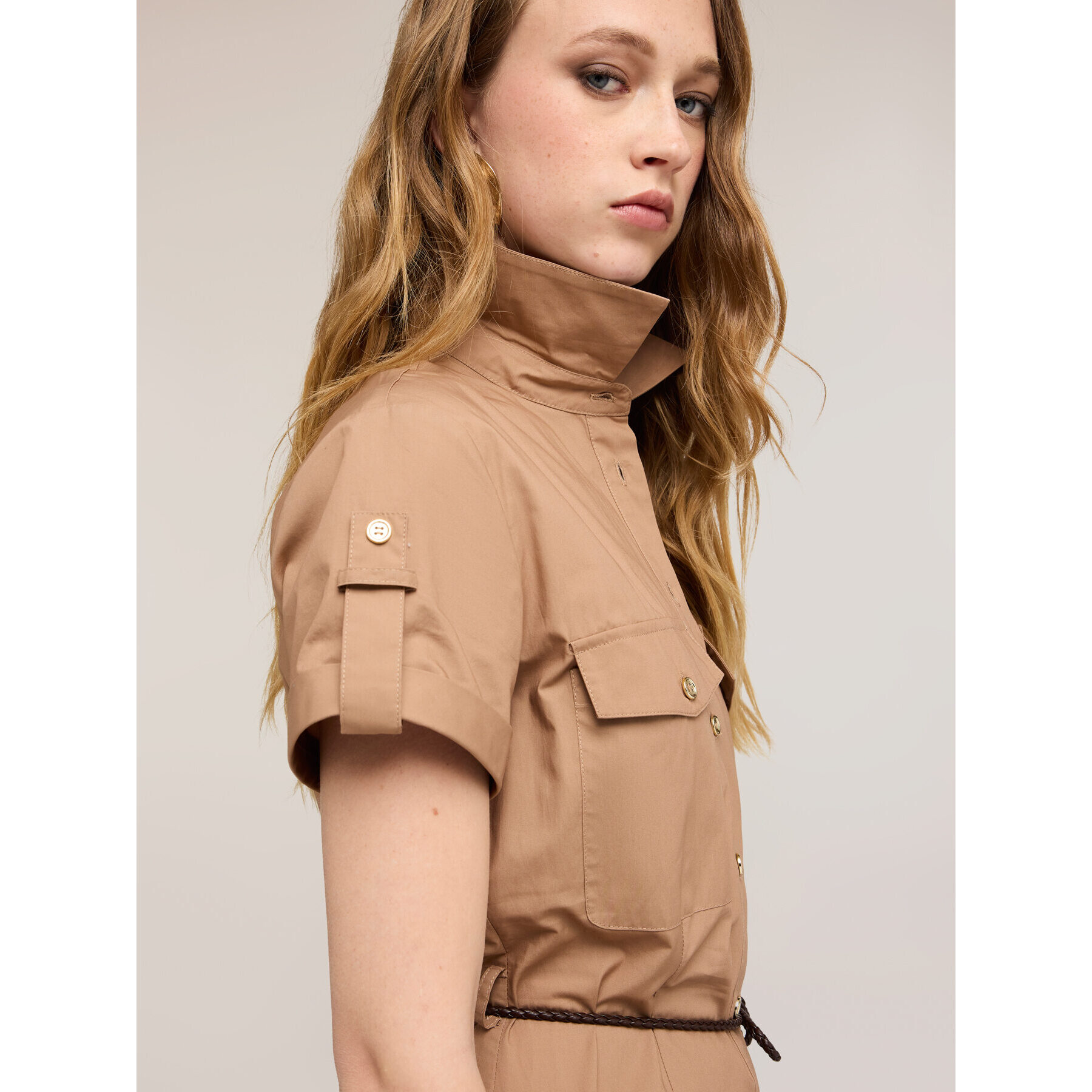 Motivi - Vestido camisero largo en mezcla de algodón - Beige