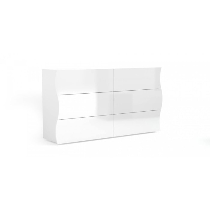 Comò ondulato, Made in Italy, Mobiletto per Soggiorno e Camera, Credenza 6 cassetti, colore Bianco lucido, cm 155x40h82