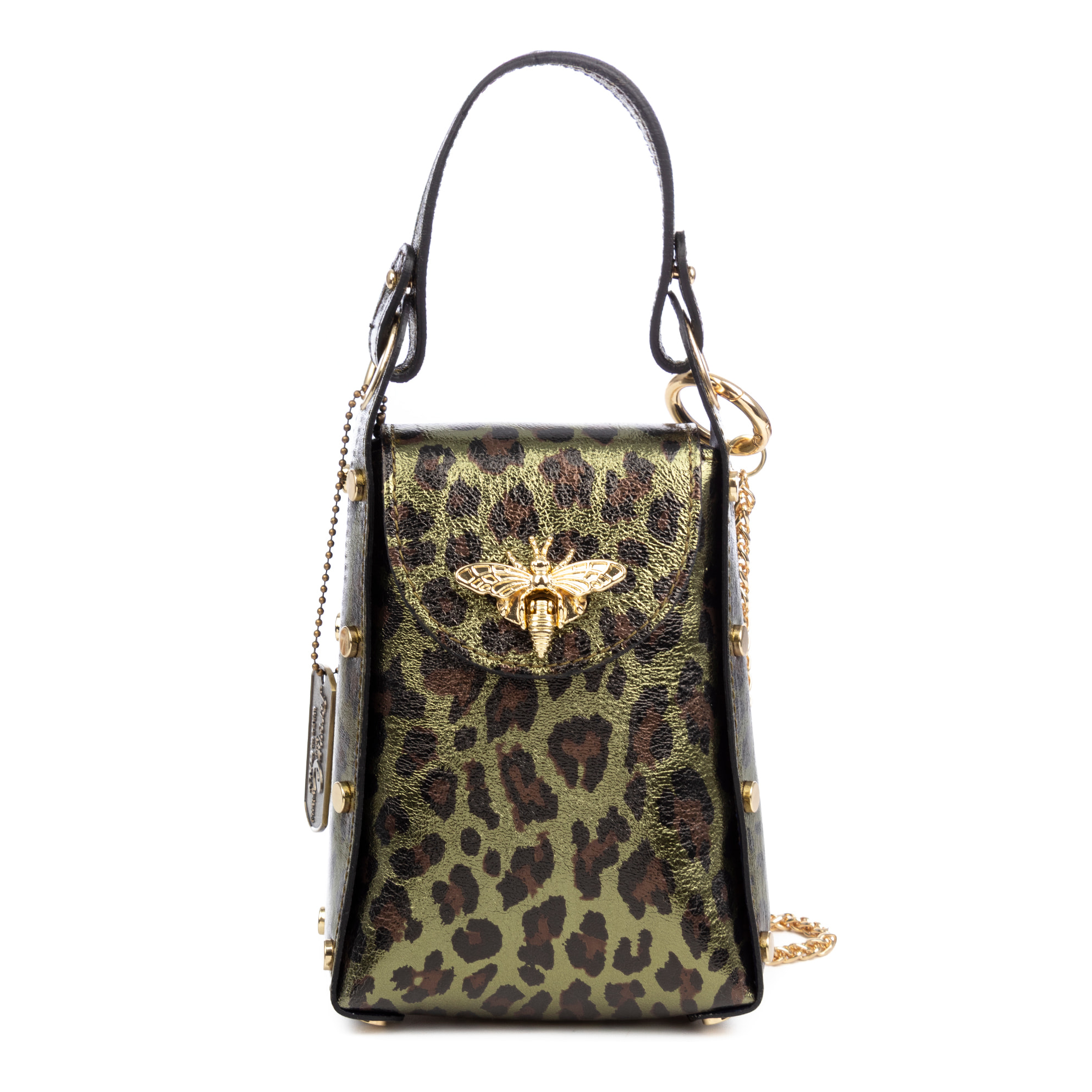 Alviano bolso de mano mujer. Piel auténtica Gamuza con estampado animal print leopardo lacada brillante.