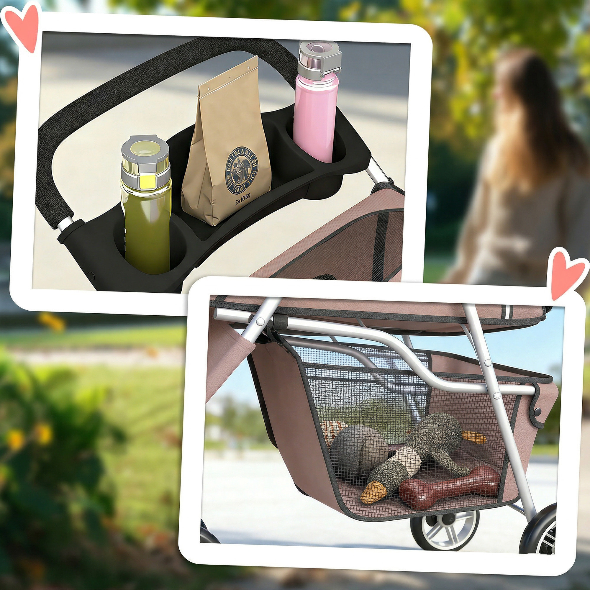 Carrito para Perros Plegable, Cochecito para Perros Pequeños con Cesta de Almacenaje, Ventanas de Malla, Portavasos y Ruedas, Carga 10 kg, 77x44x102 cm, Café